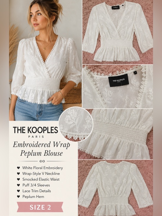 The Kooples Tops - The Kooples White Embroidered Wrap Peplum Blouse Size 2 Lace Trim
